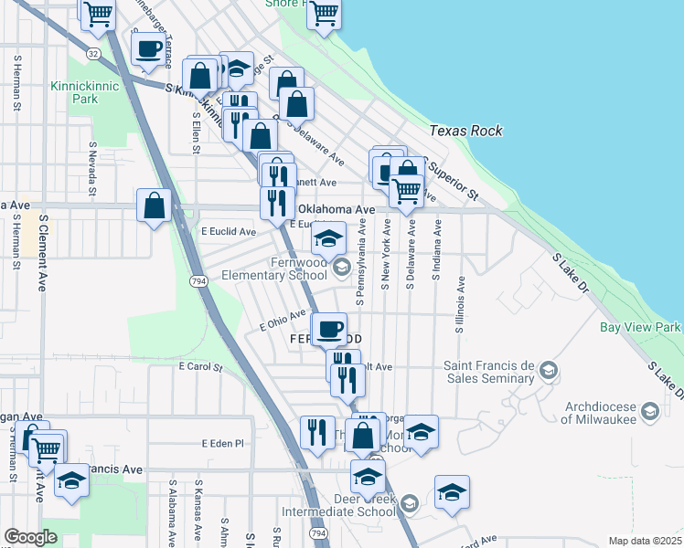 map of restaurants, bars, coffee shops, grocery stores, and more near 3239 South Pennsylvania Avenue in Milwaukee