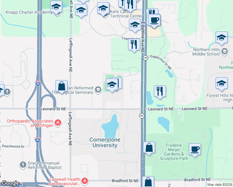 map of restaurants, bars, coffee shops, grocery stores, and more near 3101 Leonard Street Northeast in Grand Rapids