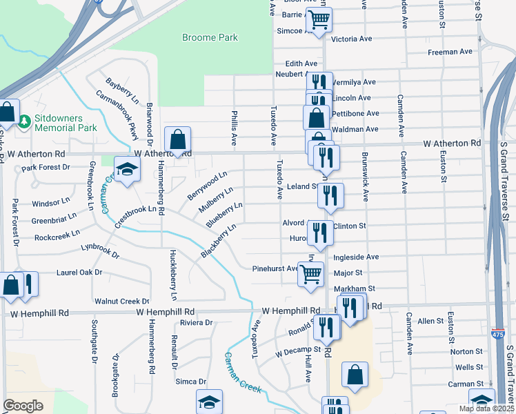 map of restaurants, bars, coffee shops, grocery stores, and more near 1232 Alvord Avenue in Flint