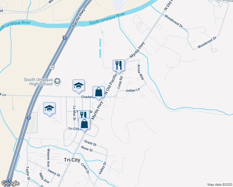 map of restaurants, bars, coffee shops, grocery stores, and more near 128 Loop Road in Myrtle Creek