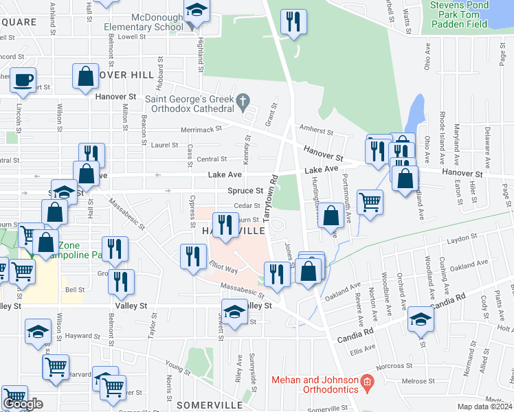 map of restaurants, bars, coffee shops, grocery stores, and more near 250 Tarrytown Road in Manchester