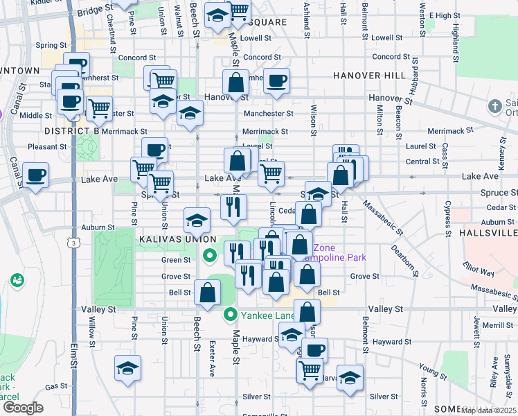 map of restaurants, bars, coffee shops, grocery stores, and more near 427 Cedar Street in Manchester