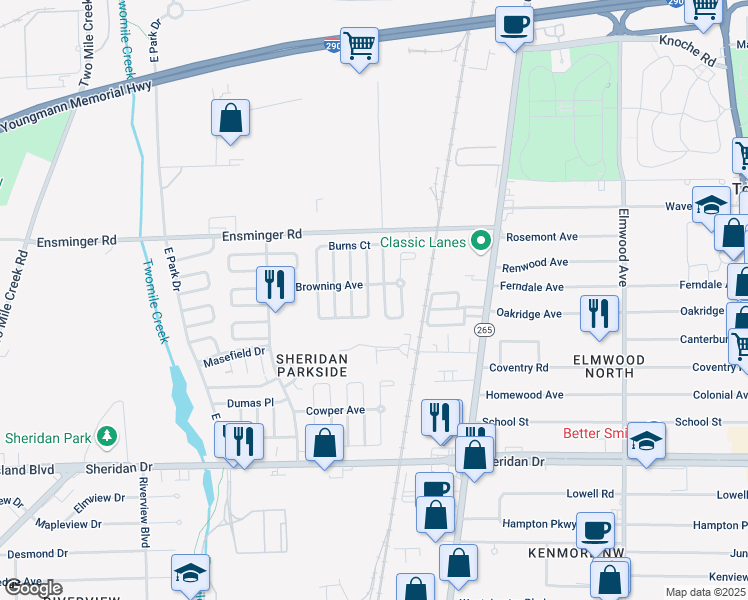 map of restaurants, bars, coffee shops, grocery stores, and more near 99 Blackmore Street in Tonawanda