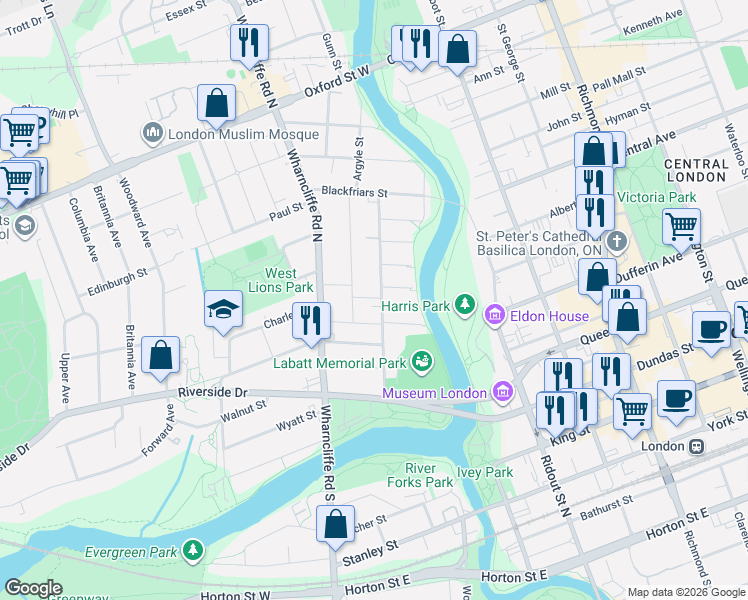 map of restaurants, bars, coffee shops, grocery stores, and more near in London
