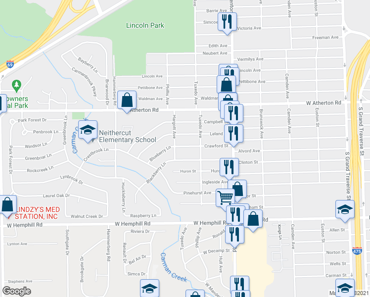 map of restaurants, bars, coffee shops, grocery stores, and more near 1232 Alvord Avenue in Flint