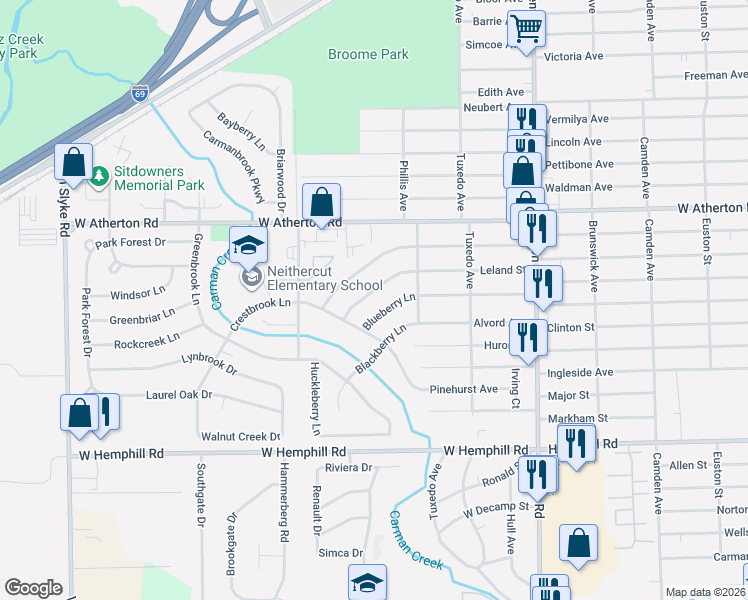 map of restaurants, bars, coffee shops, grocery stores, and more near 1510 Blueberry Lane in Flint