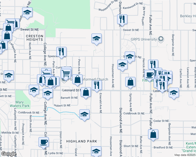 map of restaurants, bars, coffee shops, grocery stores, and more near 1231 Northfield Avenue Northeast in Grand Rapids