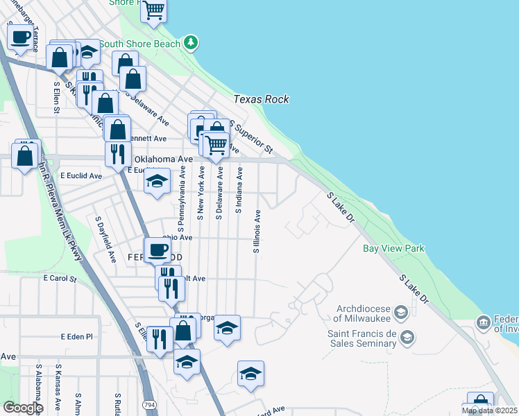 map of restaurants, bars, coffee shops, grocery stores, and more near 3250 South Illinois Avenue in Milwaukee