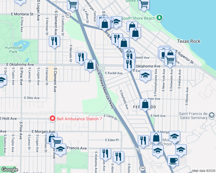 map of restaurants, bars, coffee shops, grocery stores, and more near 1818 East Fernwood Avenue in Milwaukee