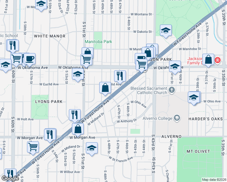 map of restaurants, bars, coffee shops, grocery stores, and more near 4731 West Forest Home Avenue in Greenfield