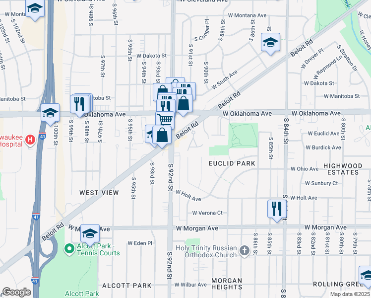 map of restaurants, bars, coffee shops, grocery stores, and more near 3252 South 91st Street in Milwaukee