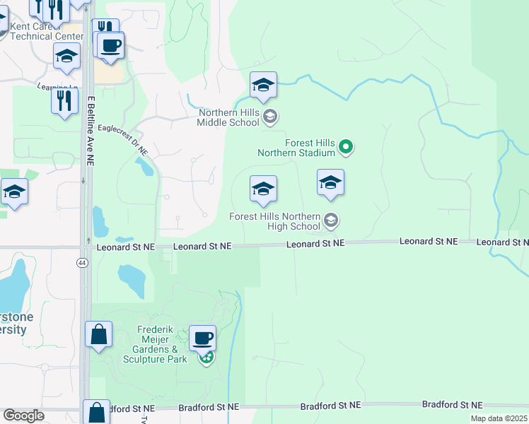 map of restaurants, bars, coffee shops, grocery stores, and more near 3777 Leonard Street Northeast in Grand Rapids