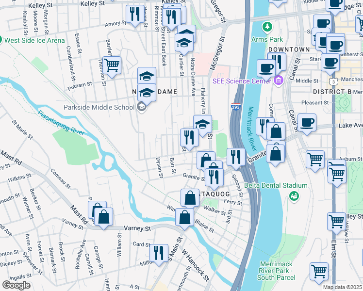 map of restaurants, bars, coffee shops, grocery stores, and more near 22 Cartier Street in Manchester