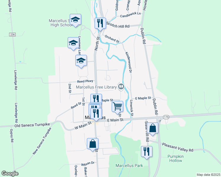 map of restaurants, bars, coffee shops, grocery stores, and more near 16 Chrisler Street in Marcellus