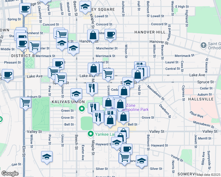 map of restaurants, bars, coffee shops, grocery stores, and more near 421 Lincoln Street in Manchester
