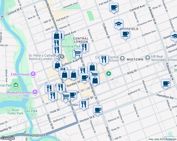 map of restaurants, bars, coffee shops, grocery stores, and more near 275 Queens Avenue in London