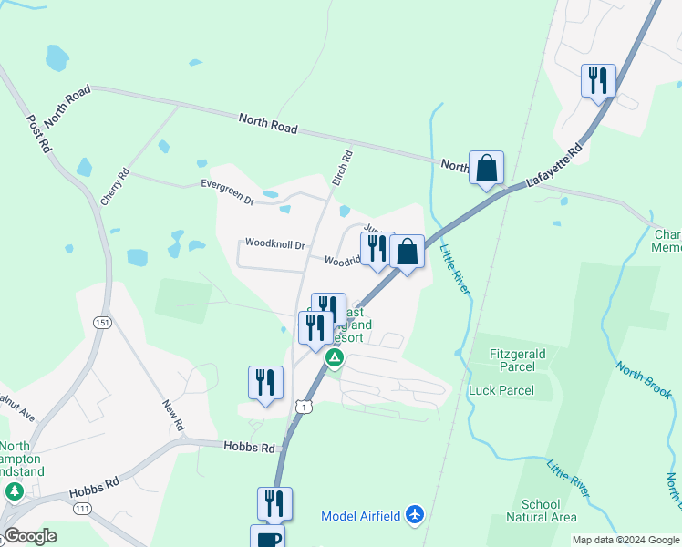 map of restaurants, bars, coffee shops, grocery stores, and more near 12 Woodridge Lane in North Hampton