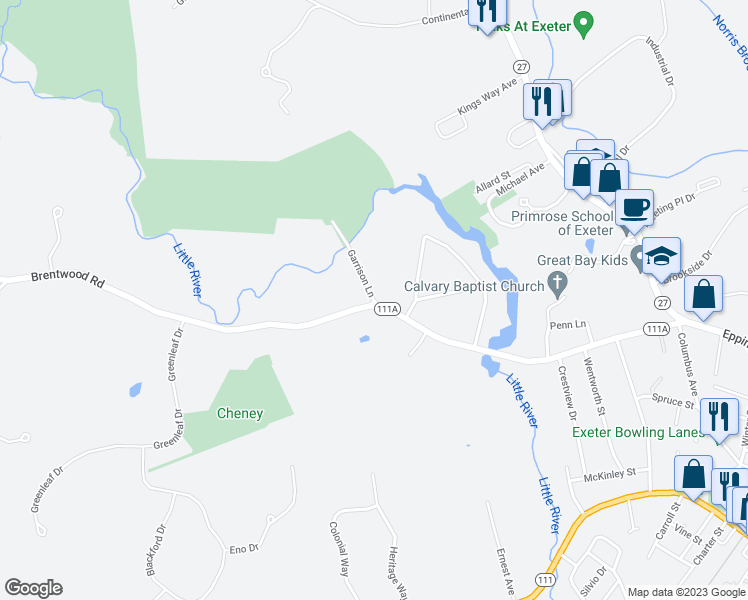 map of restaurants, bars, coffee shops, grocery stores, and more near 19 Garrison Lane in Exeter