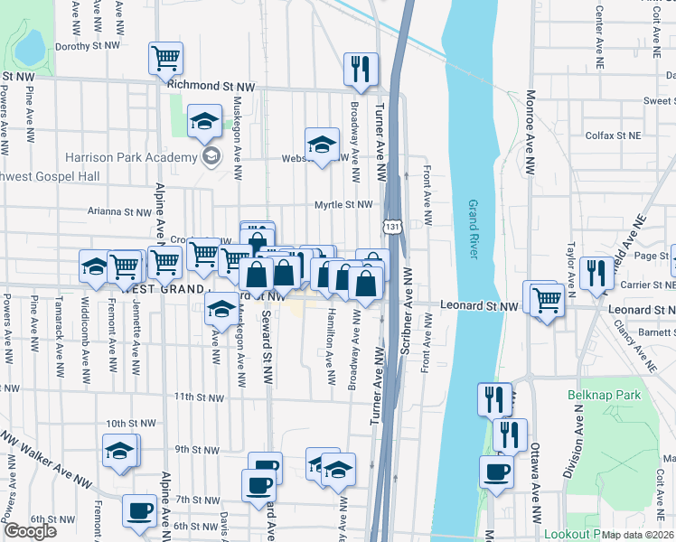 map of restaurants, bars, coffee shops, grocery stores, and more near 1230 Hamilton Avenue Northwest in Grand Rapids