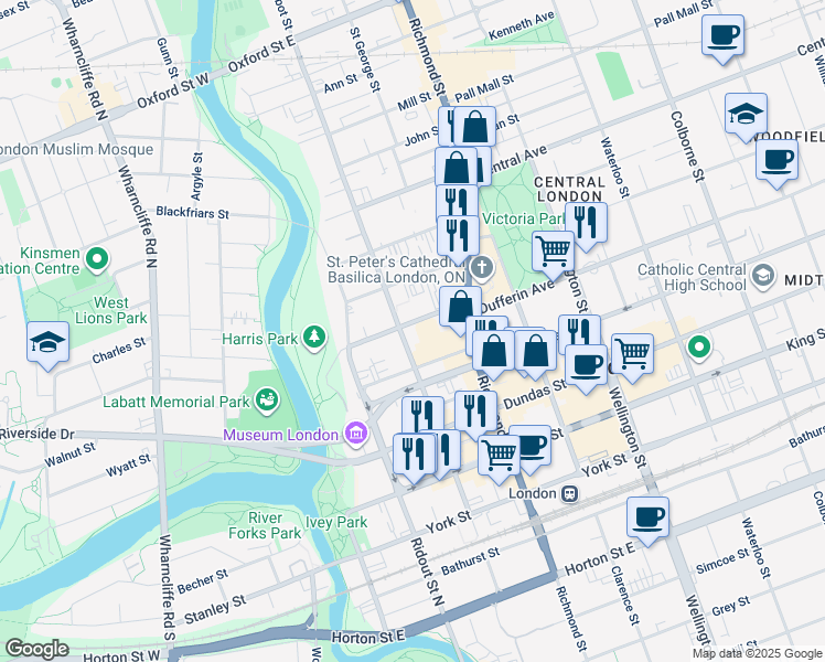 map of restaurants, bars, coffee shops, grocery stores, and more near 500 Talbot Street in London