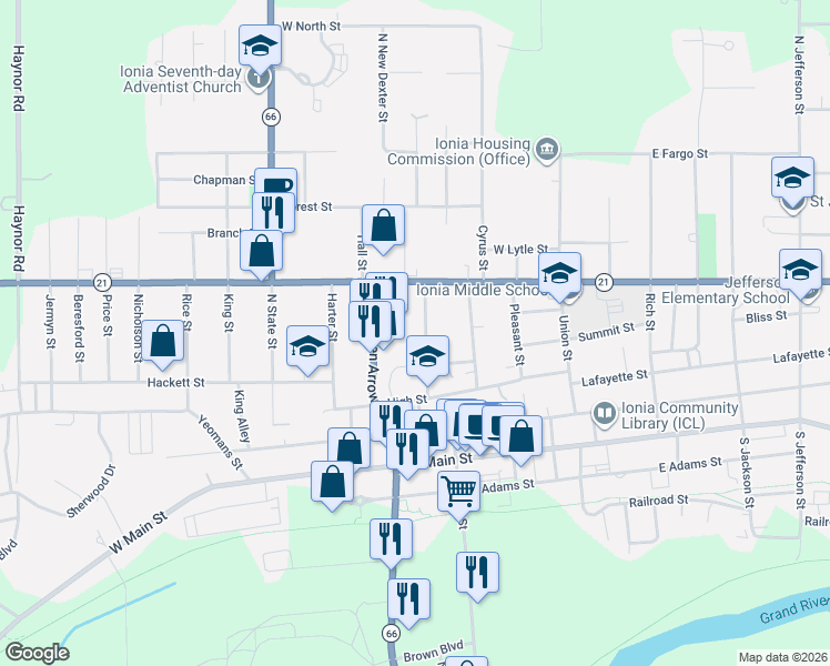 map of restaurants, bars, coffee shops, grocery stores, and more near 341 Baldie Street in Ionia