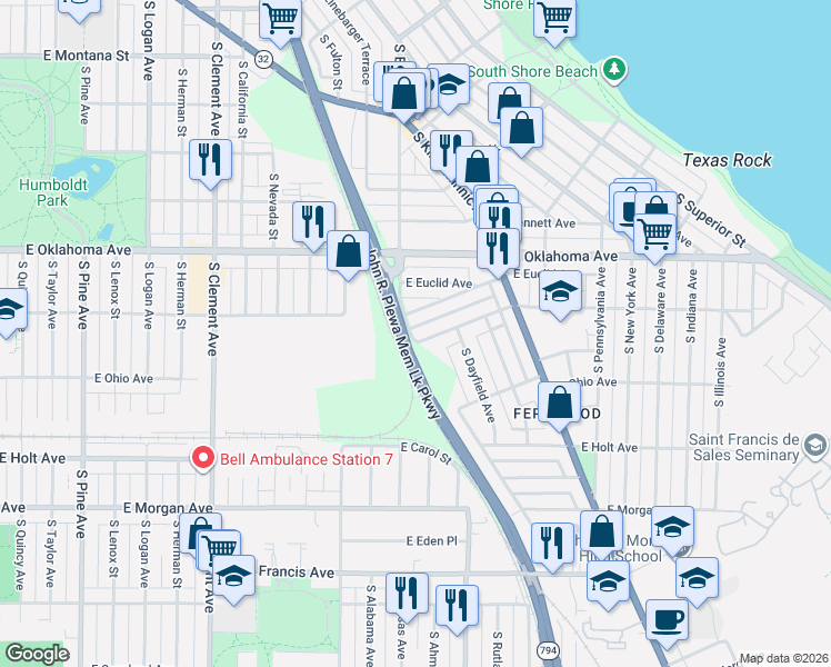 map of restaurants, bars, coffee shops, grocery stores, and more near 1818 East Fernwood Avenue in Milwaukee