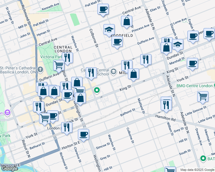 map of restaurants, bars, coffee shops, grocery stores, and more near 389 Dundas Street in London