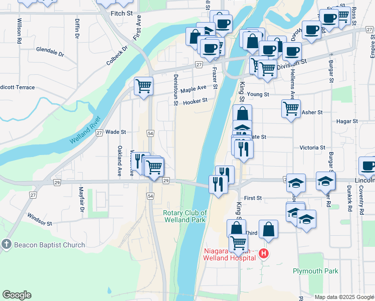 map of restaurants, bars, coffee shops, grocery stores, and more near 220 Denistoun Street in Welland
