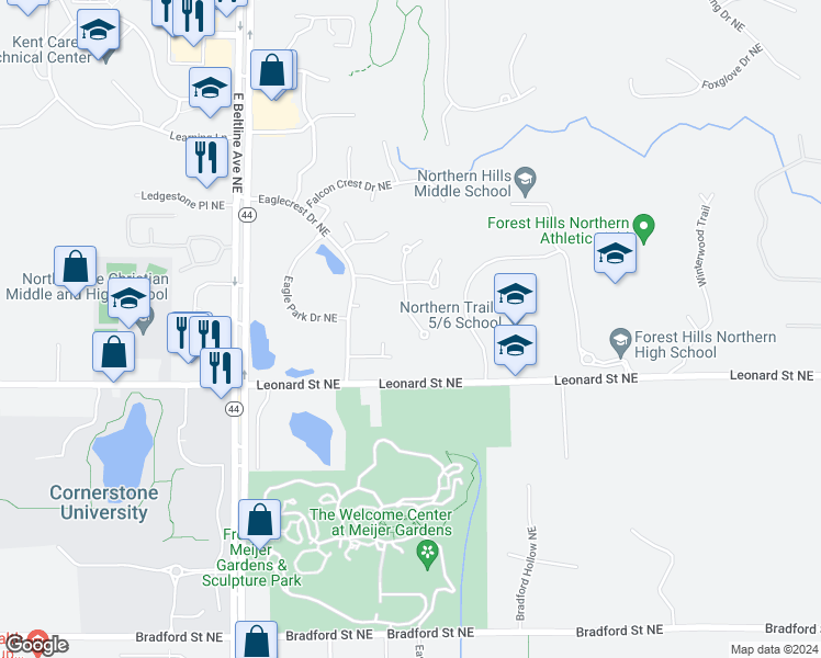 map of restaurants, bars, coffee shops, grocery stores, and more near 3388 Eagle Creek Court Northeast in Grand Rapids