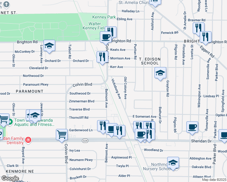 map of restaurants, bars, coffee shops, grocery stores, and more near 250 Vicksburg Avenue in Tonawanda