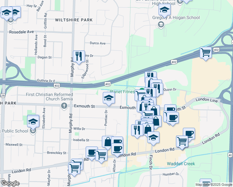map of restaurants, bars, coffee shops, grocery stores, and more near 1238 Pontiac Court in Sarnia