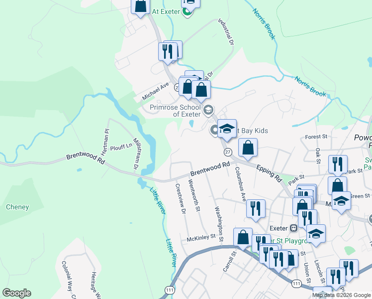 map of restaurants, bars, coffee shops, grocery stores, and more near 1 Penn Lane in Exeter