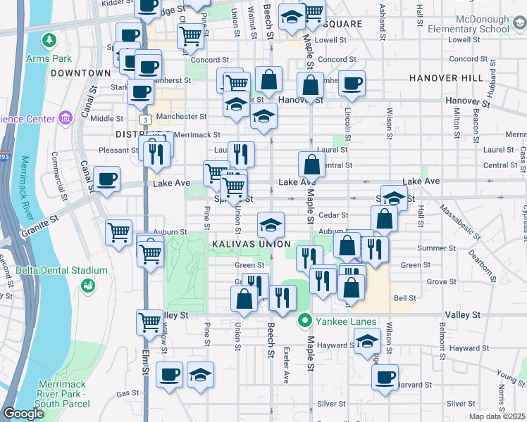 map of restaurants, bars, coffee shops, grocery stores, and more near 260 Cedar Street in Manchester