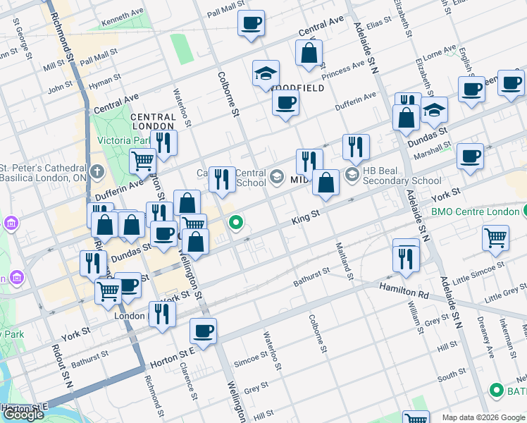map of restaurants, bars, coffee shops, grocery stores, and more near 389 Dundas Street in London