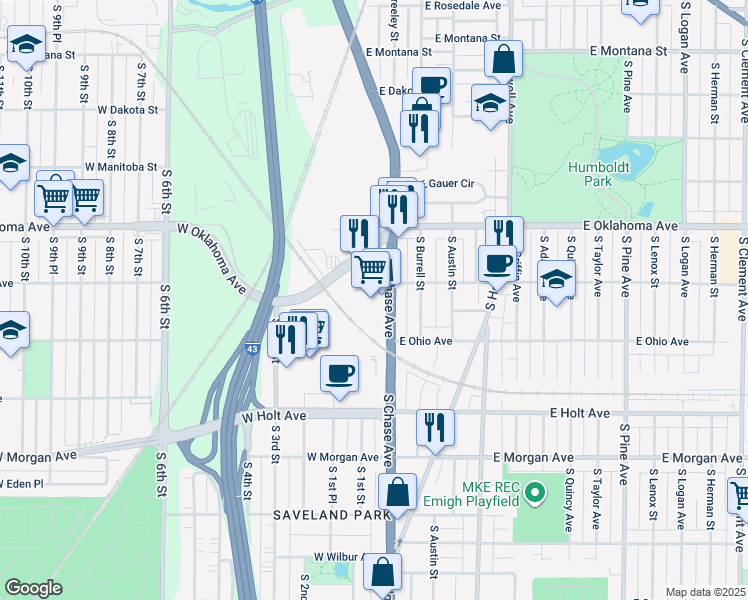 map of restaurants, bars, coffee shops, grocery stores, and more near 201 ADJ West Oklahoma Avenue in Milwaukee