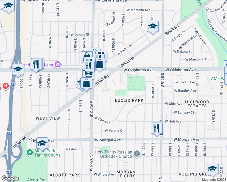map of restaurants, bars, coffee shops, grocery stores, and more near 3235 South Landl Lane in Milwaukee