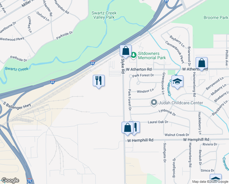 map of restaurants, bars, coffee shops, grocery stores, and more near 3248 Van Slyke Road in Flint