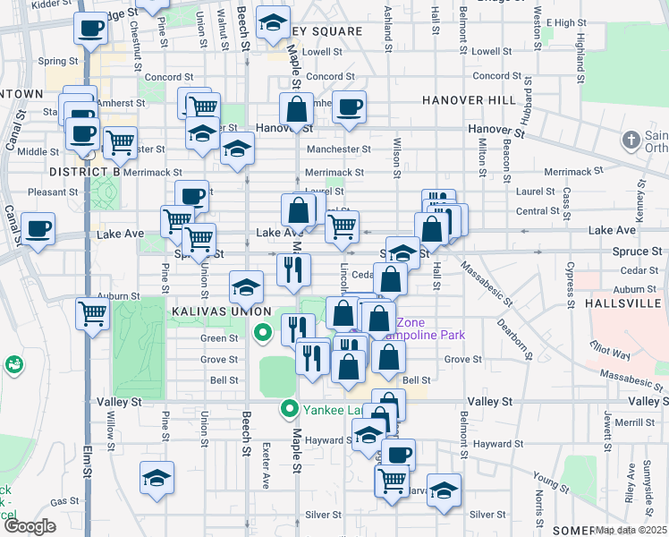 map of restaurants, bars, coffee shops, grocery stores, and more near 427 Cedar Street in Manchester