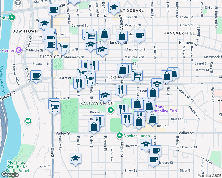 map of restaurants, bars, coffee shops, grocery stores, and more near 345 Cedar Street in Manchester