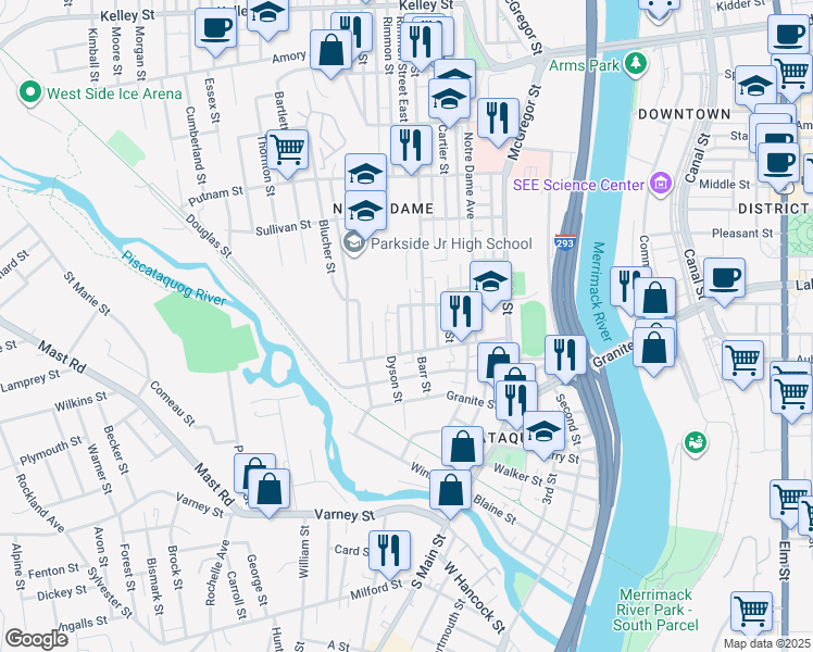 map of restaurants, bars, coffee shops, grocery stores, and more near 17 Rimmon Street in Manchester