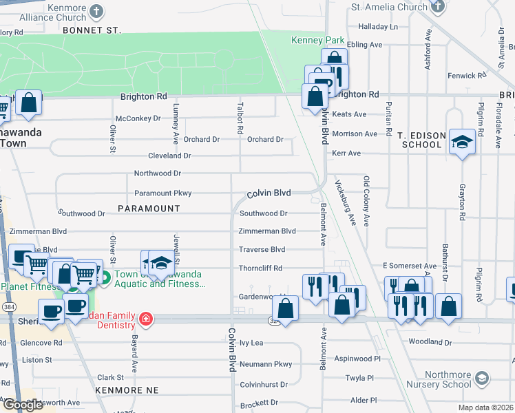 map of restaurants, bars, coffee shops, grocery stores, and more near 369 Southwood Drive in Buffalo