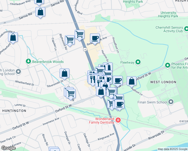 map of restaurants, bars, coffee shops, grocery stores, and more near 670 Wonderland Road North in London