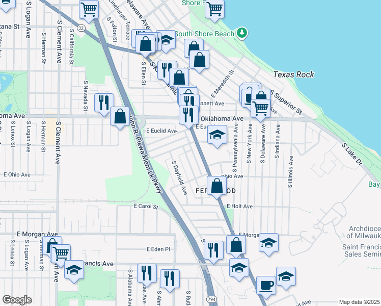 map of restaurants, bars, coffee shops, grocery stores, and more near 3239 South Springfield Avenue in Milwaukee