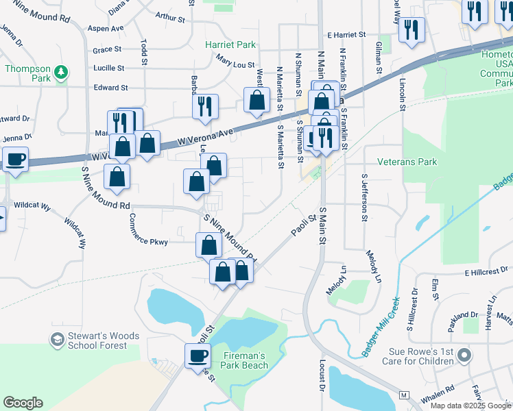 map of restaurants, bars, coffee shops, grocery stores, and more near 125 Berkley Road in Verona