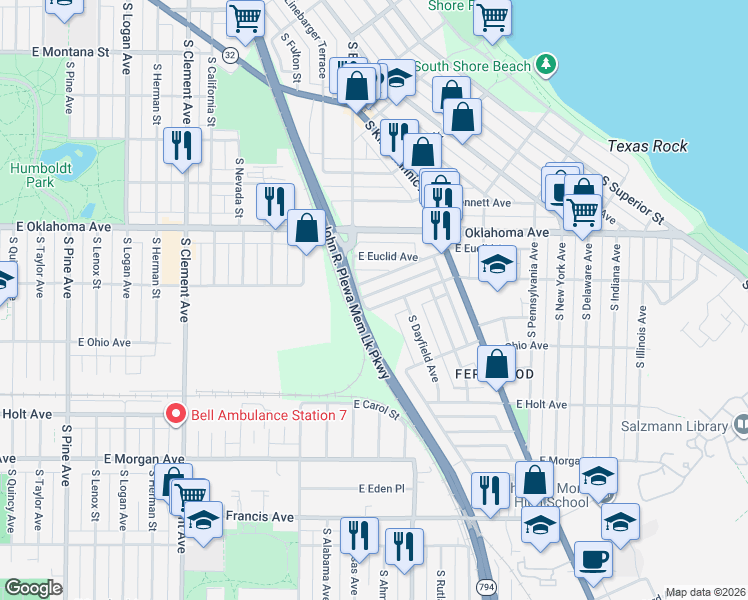 map of restaurants, bars, coffee shops, grocery stores, and more near 1818 East Fernwood Avenue in Milwaukee