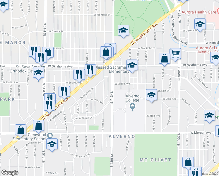 map of restaurants, bars, coffee shops, grocery stores, and more near 3215 South 43rd Street in Milwaukee