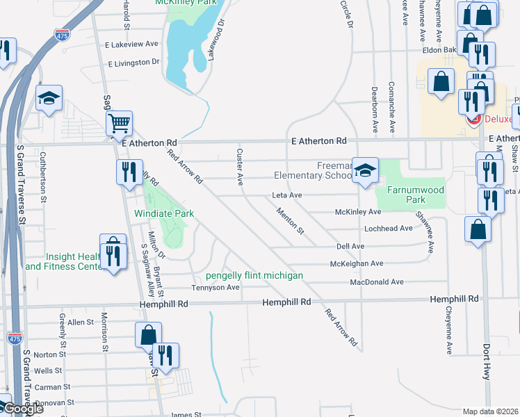 map of restaurants, bars, coffee shops, grocery stores, and more near 4127 Custer Avenue in Flint