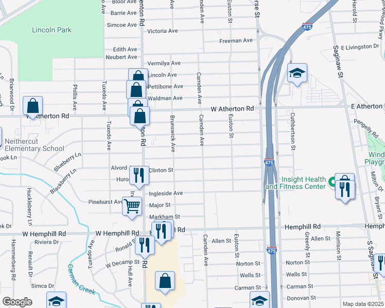 map of restaurants, bars, coffee shops, grocery stores, and more near 822 Alvord Avenue in Flint