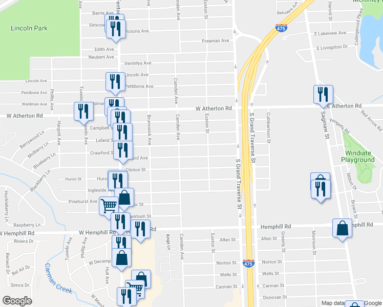 map of restaurants, bars, coffee shops, grocery stores, and more near 730 Alvord Avenue in Flint