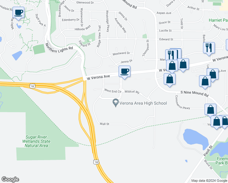 map of restaurants, bars, coffee shops, grocery stores, and more near 152 West End Circle in Verona